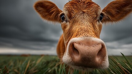 Intimate, wide-angle portrait of a curious young Jersey cow standing in a lush, dew-kissed green field under a dramatic and overcast sky.