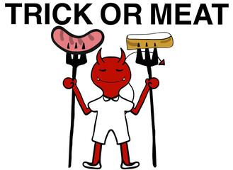 Cartoon illustration of a little Halloween devil holding two forks poking sausage and bread.