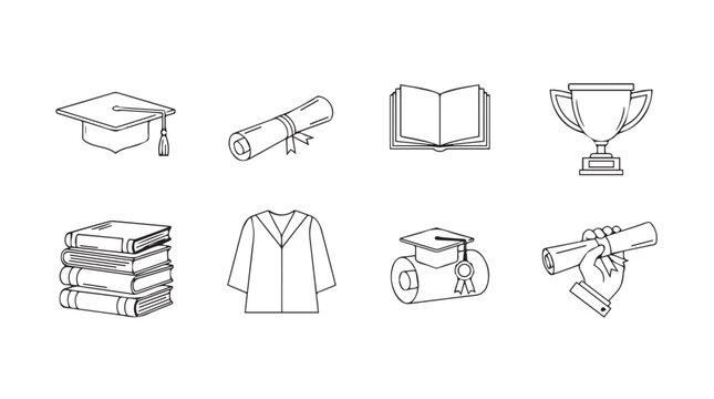 Hand drawn graduation icons representing academic achievement and success in education study vector - Powered by Adobe