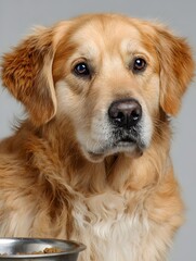 A golden retriever gazes intently with brown eyes while waiting patiently for his meal in a metal bowl.