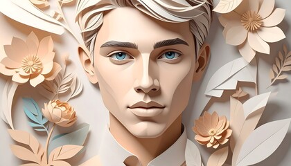 A stylized portrait of a young man surrounded by paper flowers