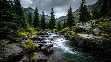 Dramatic landscape photograph of a wild mountain river cascading over mossy rocks through a remote valley under a moody and overcast sky.