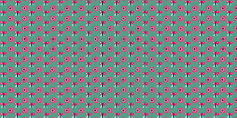 Seamless vector pattern with cute butterflies and blooming flowers on green background, perfect for fabric, wallpaper, wrapping paper, kids design, spring theme, and modern decorative art.