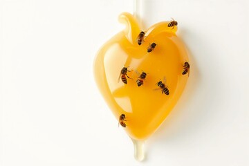 Clean composition featuring a honey liquid heart and bees on top, suitable for food or nature-related campaigns.
