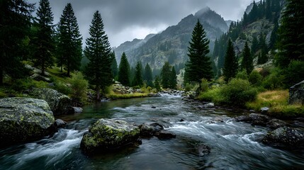 Dramatic landscape photograph of a wild mountain river cascading over mossy rocks through a remote valley under a moody and overcast sky.