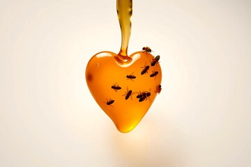 Professional concept photo of honey shaped as a heart with bees, isolated on white for advertising design.
