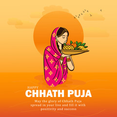 Indian Woman Performing Chhath Puja with Offerings at Sunset