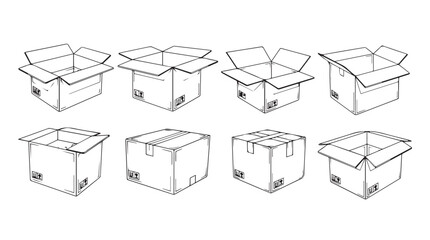 Collection of hand drawn cardboard boxes in various open and closed positions artistic sketch vector © MstMili