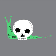 A cartoon snail with a skull for a head on a grey background