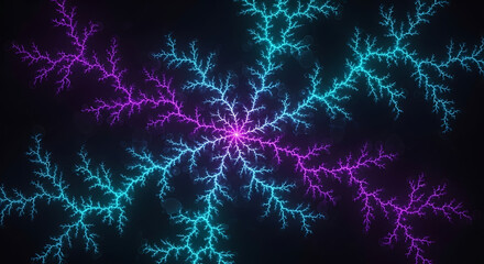 Abstract fractal snowflake pattern in neon blue purple and pink for winter holidays and design
