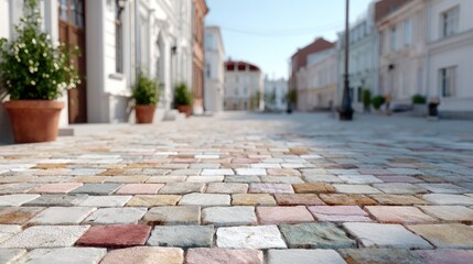 Cobblestone Street Pattern with Cinematic HDR Texture in Europe City with White Buildings and Green Plants in Pots on Sunny Day