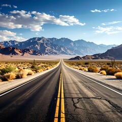 Open road through desert mountains