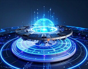 Futuristic saucer-shaped craft with glowing digital interface