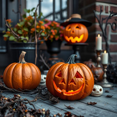 Obraz premium Spooky Halloween Scene with Carved Pumpkin and Decor