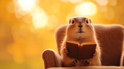 Fototapeta premium A cute groundhog sits in a chair reading a book with a warm, golden autumn light