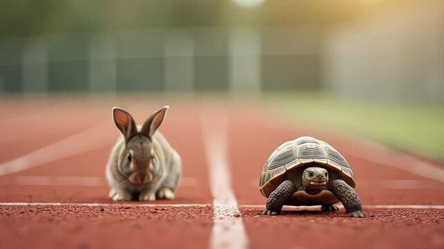 Hare and tortoise face off on running track for a race of speed and determination