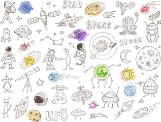 A collection of handdrawn illustrations of spacethemed objects and creatures with watercolor accents © fahiraalmira