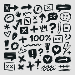 Collection of Black Hand- Drawn Icons Symbols and Scribbles on a Light Gray Background