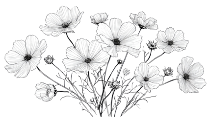 Vector line art of wildflowers delicate botanical drawing floral sketch natural meadow plants outline illustration isolated on white background