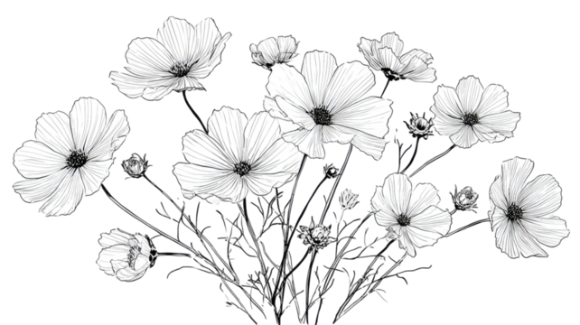 Vector line art of wildflowers delicate botanical drawing floral sketch natural meadow plants outline illustration isolated on white background