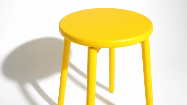 Sleek modern wooden stool in a vibrant yellow hue, swiveling against a pure white backdrop. This minimalist piece features smooth lines and a round seat for a stylish touch