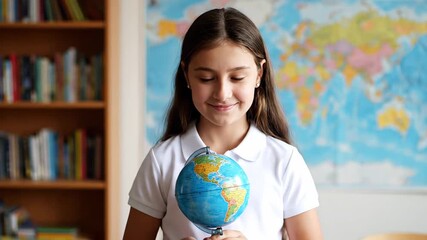 Young girl holding a globe while studying geography in a school classroom. She is smiling and looking at the camera with a world map behind - Powered by Adobe