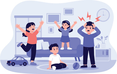 Chaotic family living room, parenting stress, playful children, cartoon illustration, emotional expression, home interior, sibling energy, humorous scene, domestic life