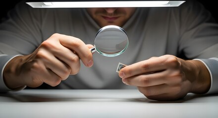 man examining stamp with magnifying glass under light