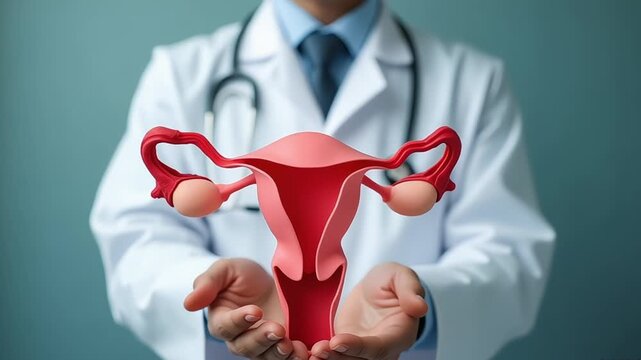 Doctor holding a model of the uterus and ovaries in a medical examination room