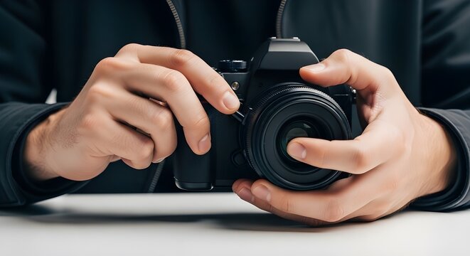 hands holding digital camera adjusting lens close up