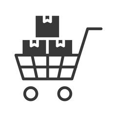 A dark grey icon depicts a shopping cart overflowing with stacked boxes