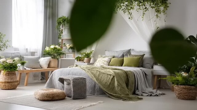 A serene bedroom boasts a calming palette of greens and greys, accented by lush greenery and natural textures.