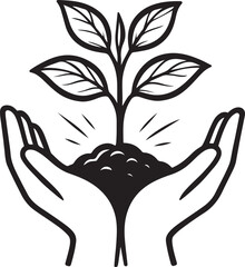 Plant in Human Hand Silhouette Icon. Tree plantation, Ecological organic seeding, plant growth vector icon design.
