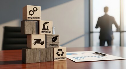 Corporate emissions and logistics management with wooden blocks highlighting manufacturing, sustainability, and carbon neutrality strategy