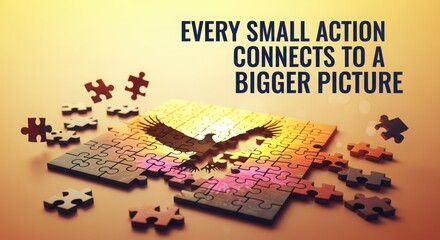 Naklejka premium Motivational puzzle concept showing flying pieces forming a powerful message about collective impact and meaningful actions