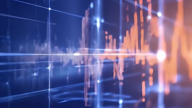 Abstract Digital Waveform with Blue Orange Light and Geometric Grid Lines