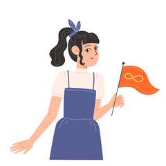 A girl in a blue dress holds an orange flag with an infinity symbol