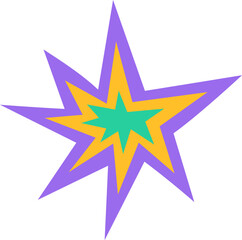 A graphic explosion with layers of purple yellow and teal starbursts