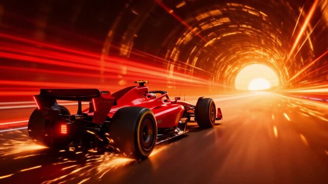 Dynamic red formula race car speeding through a futuristic tunnel with glowing light streaks and sparks, representing the pinnacle of motorsport and velocity.