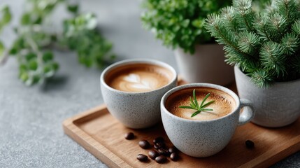 Coffee Art Display with Two Cups and Green Potted Plants on Wooden Tray