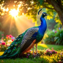 Peacock in a sunlit garden