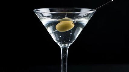 Elegant dry martini cocktail garnished with a green olive skewered on a toothpick. As a single droplet gently lands in the glass, it causes mesmerizing ripples to form on the liquid's surface - Powered by Adobe