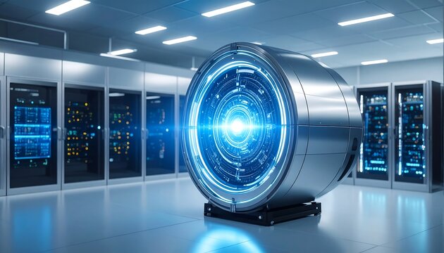 Futuristic server room with a central, glowing cylinder