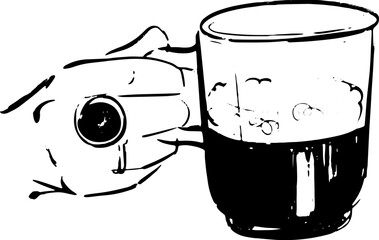 A hand holding a glass of dark liquid with bubbles and foam
