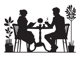 two people in cafe logo silhouette vector, people in cafe silhouette vector illustration, two people with coffee cups silhouette, two people sitting in a restaurant logo silhouettes vector 