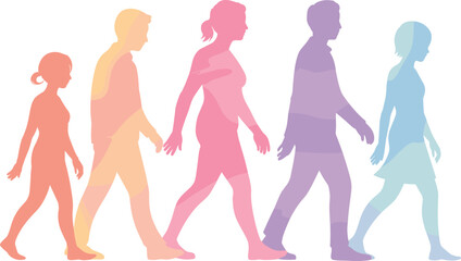 Colorful silhouettes, walking figures, diversity concept, gradient people, life stages, abstract art, white background, progression theme, modern design, unity