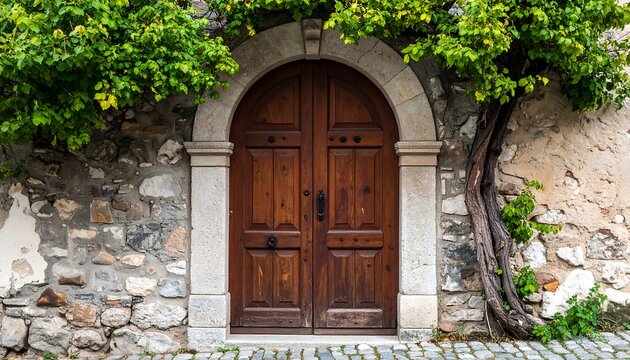 Aged stone wall with arched wooden door and overgrown ivy - Powered by Adobe
