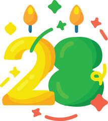 A large yellow 2 and a green 8 with confetti