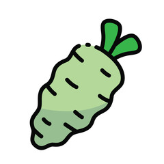 A light green cartoon root vegetable with a dark outline and green leaves