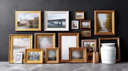 Collection of Ornate Gold Picture Frames Against Dark Wall Displaying Assorted Art
